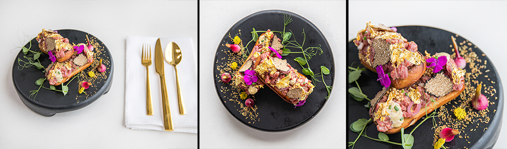 Food Photographer Nancy Ingersoll shows three views of a dish from La Jolla Restaurant to showcase the composition and textures