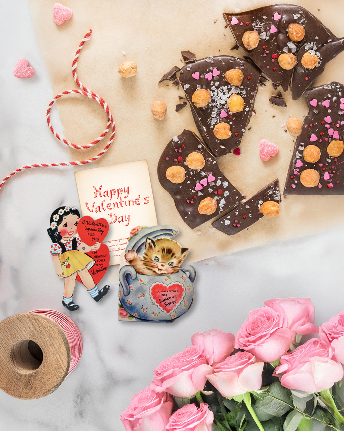 Valentines and chocolate bark and roses