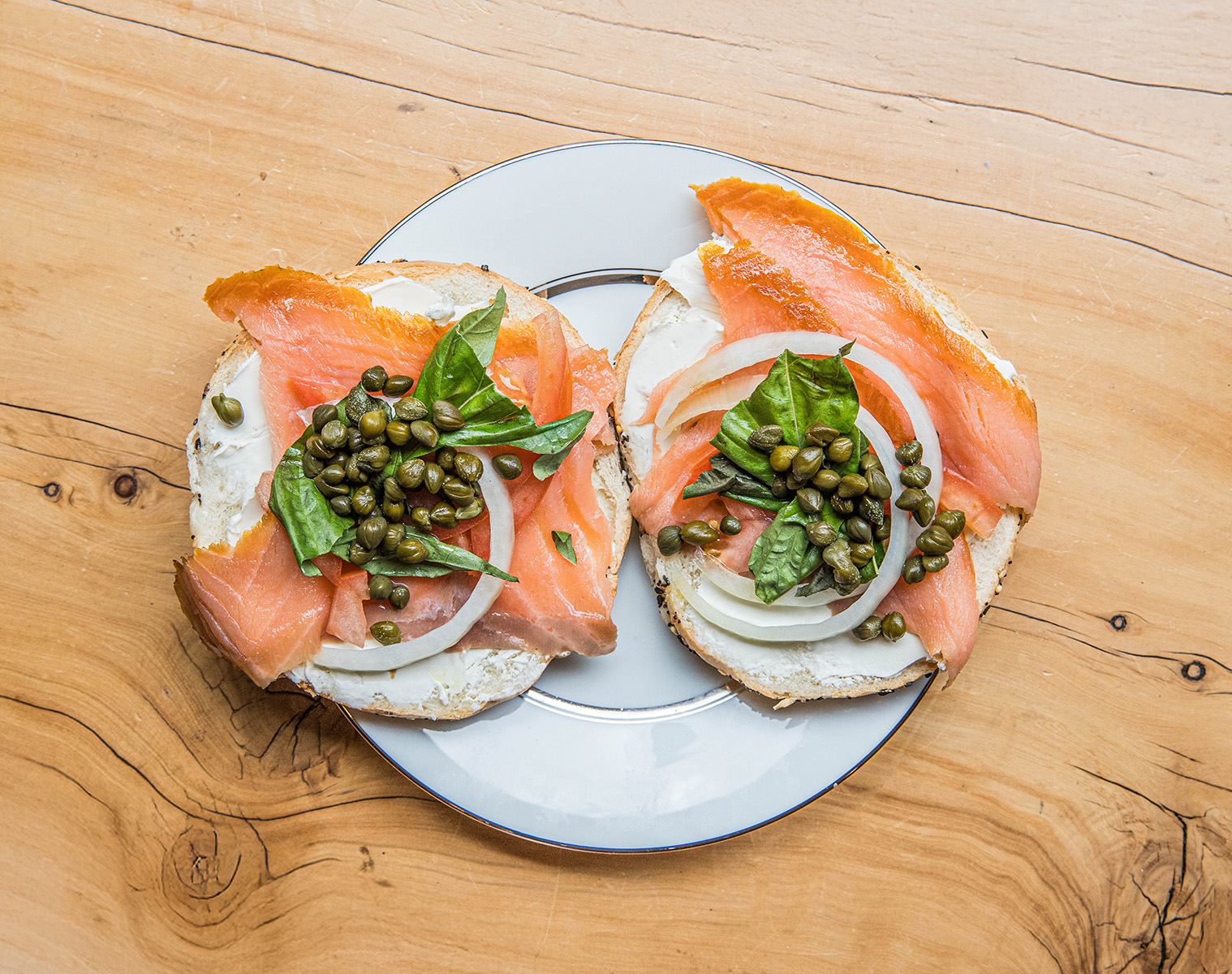 The texture of capers and onion on a bagel with lox photographed by San Diego Food Photographer Nancy Ingersoll